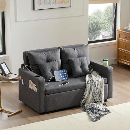 Busaurus 3 in 1 Convertible Sofa Bed, 56" Full Size Pull Out Couch, Loveseat Sleeper with Storage Pocket, USB, Comfy Sleeper Sofa Bed for Living Room, Bedroom, Small Space, Deep Grey