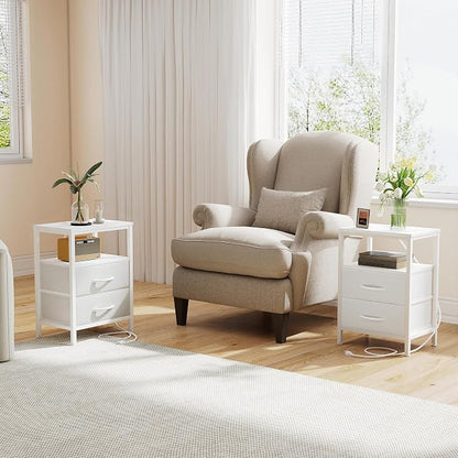 DUMOS Nightstand with Charging Station Built in USB Ports and AC Outlets Bedside Table with Adjustable Fabric Drawer and Open Shelf Modern End Table for Bedroom,White