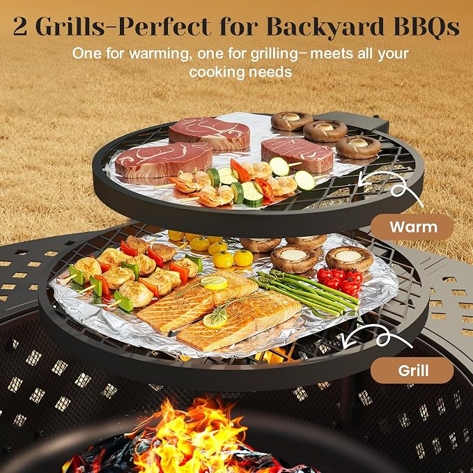 Outdoor Fire Pit, 48" Fire Pit for Outside Wood Burning with Adjustable 2 Grills, Firepit with Lid and Fire Poker, BBQ, Bonfire, Round Outdoor Fireplace 3 in 1 for Patio, Backyard, Garden, Camping