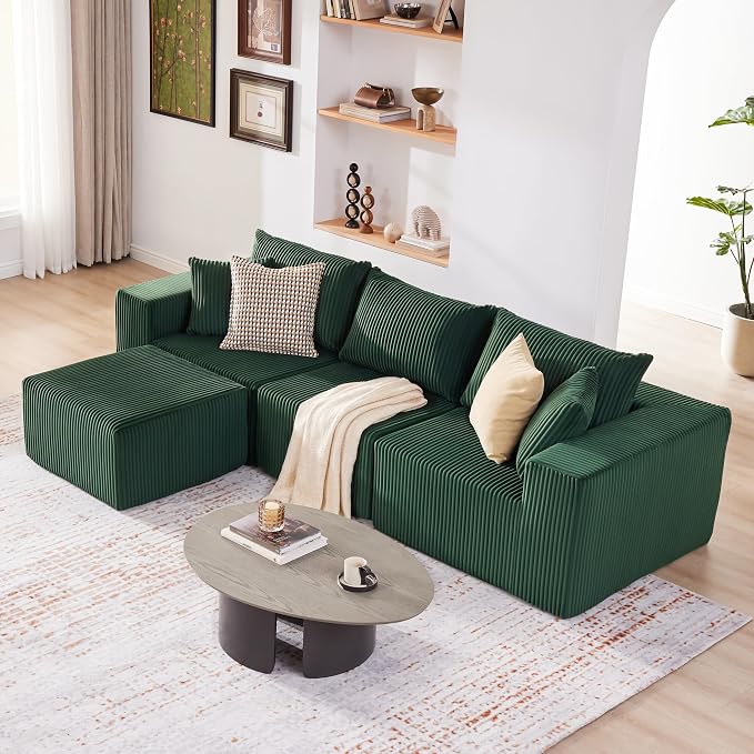 Weture 107.4" Cloud Couch Sectional, Modular Sofa with Deep Seat, Plush Corduroy L Shaped Boneless Couch, Convertible Sectional Couches for Living Room, 4Seat, Green