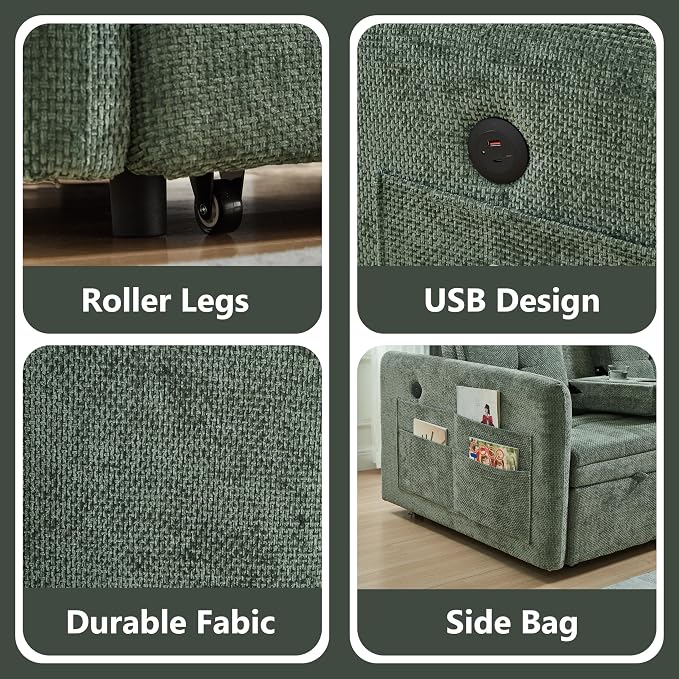 57.48" Convertible Sofa Bed with Cup Holder, Pull Out Sleeper Sofa Bed with USB Charging Ports, 3 in 1 Convertible Sleeper Sofa Bed for Living Room, Apartment, Bedroom, RV, Green