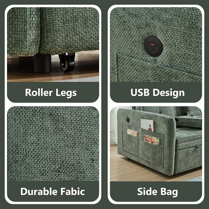57.48" Convertible Sofa Bed with Cup Holder, Pull Out Sleeper Sofa Bed with USB Charging Ports, 3 in 1 Convertible Sleeper Sofa Bed for Living Room, Apartment, Bedroom, RV, Green