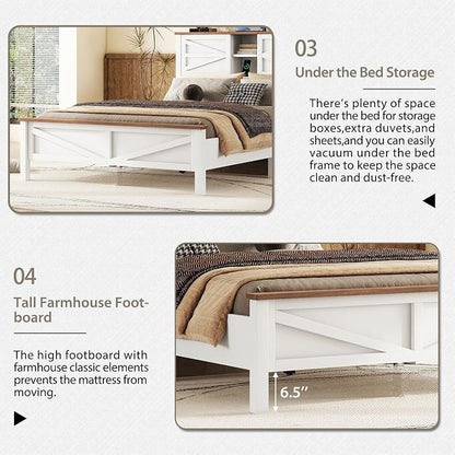 3 Pieces Bedroom Furniture Set Queen Size Bed Frame with Storage Headboard and Charging Station, Farmhouse Platform Bed Frames with Nightstand and Dresser, for Bedroom, Living Room (White, Queen)