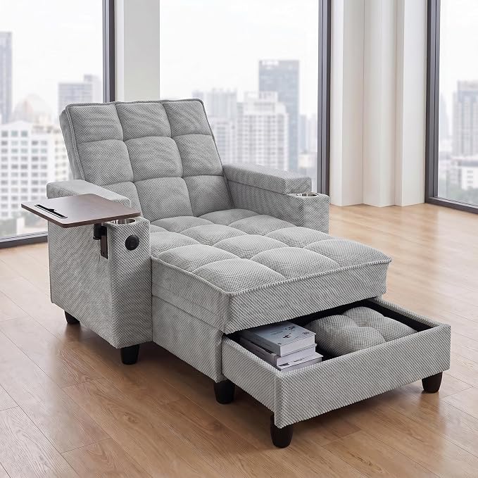 Convertible Sleeper Chair, Pull Out Sofa Bed with Adjustable Backrest & Hidden Storage Armrest, Single Sofa Recliner with USB Charging Port & Cup Holders for Living Room, Bedroom, Gray