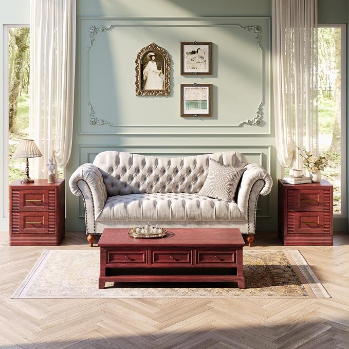 RECHHX Small Dresser for Bedroom, Farmhouse Nightstand with 2 Drawer for Narrow Spaces, Thermoformed Curved End Table for Bedroom, Living Room, Walnut Cherry