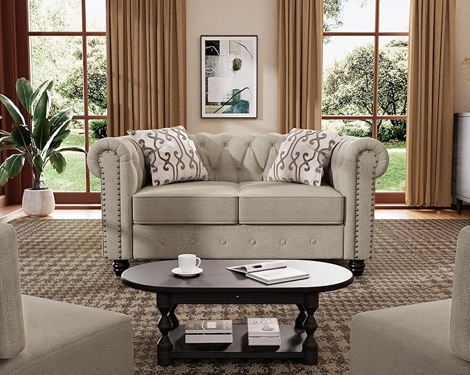 Morden Fort Classic Chesterfield Loveseat Set 60'', Tufted Loveseat Sofa Set with Solid Wood Legs Thick Cushion, Pet-Friendly Deep Seat Sofa Couch for Living Room Bedroom Apartment - Linen Beige