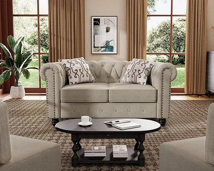 Morden Fort Classic Chesterfield Loveseat Set 60'', Tufted Loveseat Sofa Set with Solid Wood Legs Thick Cushion, Pet-Friendly Deep Seat Sofa Couch for Living Room Bedroom Apartment - Linen Beige