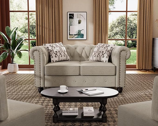 Morden Fort Classic Chesterfield Loveseat Set 60'', Tufted Loveseat Sofa Set with Solid Wood Legs Thick Cushion, Pet-Friendly Deep Seat Sofa Couch for Living Room Bedroom Apartment - Linen Beige
