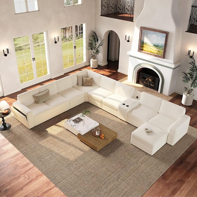 Vesgantti Oversized Modular Sectional Sofa, 8-Seater Chenille L Shaped Modular Couch with Ottoman, 2 Cup Holders, USB Port, Storage Box, Sectional Couches for Living Room, Meeting Room, Beige