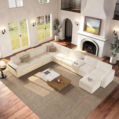 Vesgantti Oversized Modular Sectional Sofa, 8-Seater Chenille L Shaped Modular Couch with Ottoman, 2 Cup Holders, USB Port, Storage Box, Sectional Couches for Living Room, Meeting Room, Beige