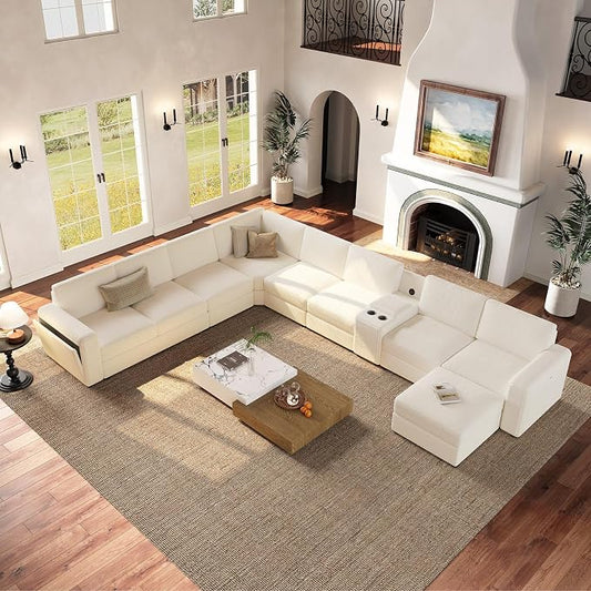 Vesgantti Oversized Modular Sectional Sofa, 8-Seater Chenille L Shaped Modular Couch with Ottoman, 2 Cup Holders, USB Port, Storage Box, Sectional Couches for Living Room, Meeting Room, Beige
