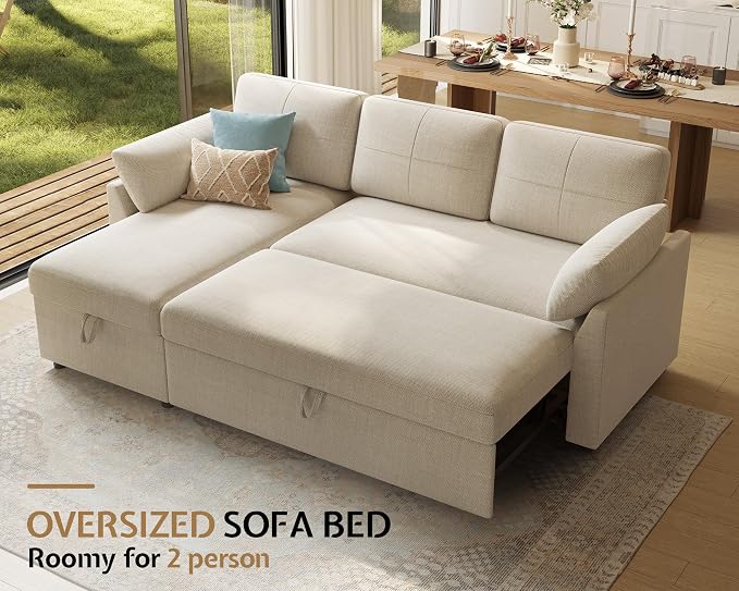 PaPaJet Sofa Bed, Sleeper Sofa with Storage Chaise, L Shaped Sofa with Pull Out Bed, Oversized Sofas for Living Room, Beige