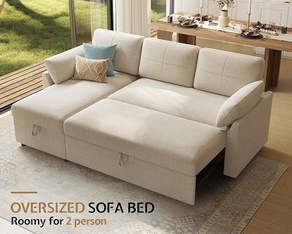 PaPaJet Sofa Bed, Sleeper Sofa with Storage Chaise, L Shaped Sofa with Pull Out Bed, Oversized Sofas for Living Room, Beige