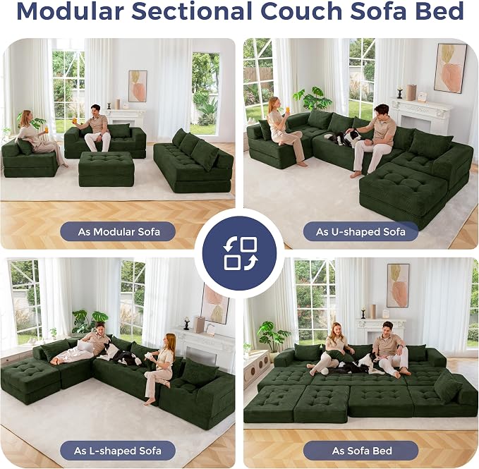 MAXYOYO Modular Sectional Sofa Couch, Foldable U Shaped Cloud Couch with Pillows, Tufted 7-Seat Boneless Lounger Floor Sofa Bed for Living Room, No Assembly Required, Dark Green