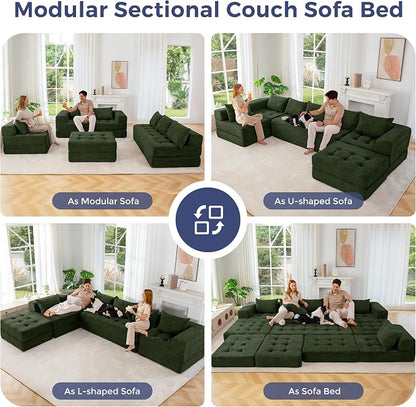 MAXYOYO Modular Sectional Sofa Couch, Foldable U Shaped Cloud Couch with Pillows, Tufted 7-Seat Boneless Lounger Floor Sofa Bed for Living Room, No Assembly Required, Dark Green