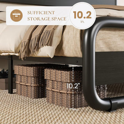 SHA CERLIN King Size Metal Bed Frame with Wooden Headboard and Footboard, Heavy Duty Platform Bed Frame with 10" Under-Bed Storage, Noise-Free, No Box Spring Needed, Black