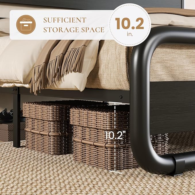 SHA CERLIN Queen Size Metal Bed Frame with Wooden Headboard and Footboard, Heavy Duty Oval-Shaped Platform Bed with Under-Bed Storage, Noise Free, No Box Spring Needed, Black