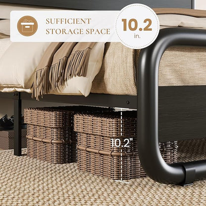 SHA CERLIN Queen Size Metal Bed Frame with Wooden Headboard and Footboard, Heavy Duty Oval-Shaped Platform Bed with Under-Bed Storage, Noise Free, No Box Spring Needed, Black