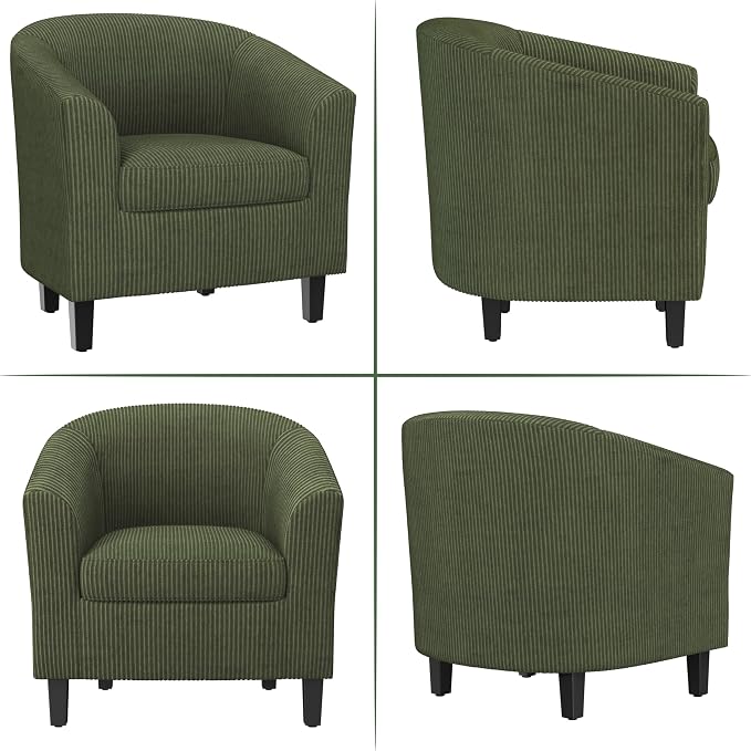 Topeakmart Corduroy Club Chair, Modern Accent Chair and Cozy Barrel Chair with Sturdy Wood Legs for Living Room Bedroom Reception Room, Dark Green