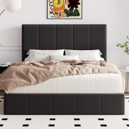 Allewie Queen Size Velvet Lift Up Storage Bed Frame, Vertical Channel Tufted Headboard, Hydrualic Underneath Storage, Upholstered Platform Bed, Wooden Slats Support, No Box Spring Needed, Black