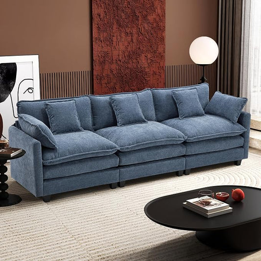 Ihanherry 111.4 Inch 3-Seater Cloud Sofa, Modular Sectional Couch, Modern Deep Seat Sofa for Living Room, Comfy Double Layer Upholstered Seat Cushion, Breathable Chenille Fabric, Blue