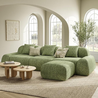 LIKIMIO LumiPebble Modular Sectional Sofa with Ottoman, 110" L-Shaped Boneless Couch for Living Room, Deep Seat with LuxeChenille Upholstery, No Assembly Required, Olive Green