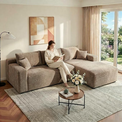 JINGLING 94" L Shape Couch with Right Chaise, Memory Foam Boneless Sectional Sofa in a Box, No Assembly Modular Small Couches for Small Spaces, Living Room, Apartments, Plush Corduroy, Camel