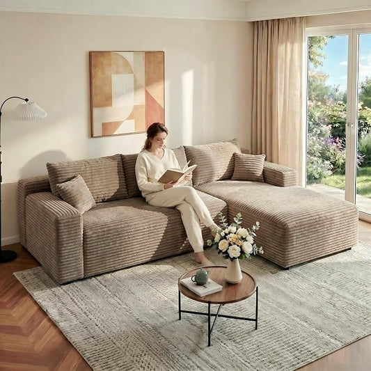JINGLING 94" L Shape Couch with Right Chaise, Memory Foam Boneless Sectional Sofa in a Box, No Assembly Modular Small Couches for Small Spaces, Living Room, Apartments, Plush Corduroy, Camel