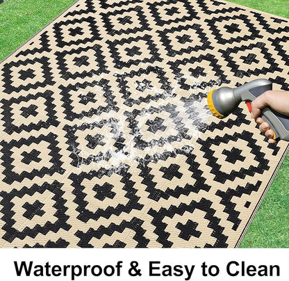 Smiry Waterproof Outdoor Rug 10X14 ft, Reversible Plastic Straw Patio Camping Rugs, Outdoor Indoor RV Mat Carpet for Patio, Outside Entry, Backyard, Deck, Bench, Picnic, Camper, Black & Beige