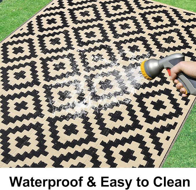 Smiry Waterproof Outdoor Rug 6x9 ft, Reversible Plastic Straw Patio Camping Rugs, Outdoor Indoor RV Mat Carpet for Patio, Outside Entry, Backyard, Deck, Bench, Picnic, Camper, Black & Beige