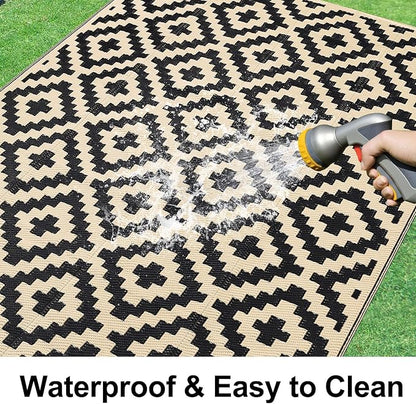 Smiry Waterproof Outdoor Rug 6x9 ft, Reversible Plastic Straw Patio Camping Rugs, Outdoor Indoor RV Mat Carpet for Patio, Outside Entry, Backyard, Deck, Bench, Picnic, Camper, Black & Beige
