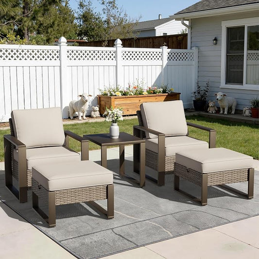 Joyside Outdoor Patio Chairs, 4 Pieces Wicker Rattan Furniture Set, 2 Patio Chairs, 2 Ottoman and 1 Table, Metal Wide Armrest, Thick Cushions and Deep Seating for Garden, Backyard, Porch, Deck