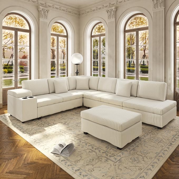 KEIKI 110" L-Shaped Oversized Plush Corduroy Modular Sectional Sofa with Pull-Out Bed, Convertible 6-Seater Sleeper Couch Bed with 1 Ottomans & USB & Cup Holders, Easy Assembly, for Living Room, Beige