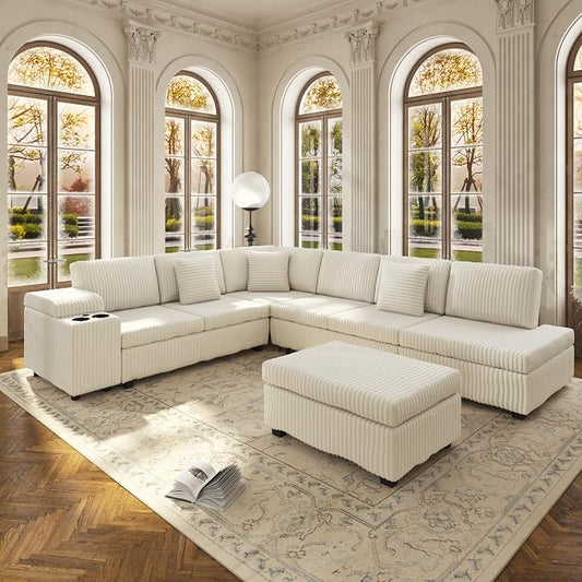 KEIKI 110" L-Shaped Oversized Plush Corduroy Modular Sectional Sofa with Pull-Out Bed, Convertible 6-Seater Sleeper Couch Bed with 1 Ottomans & USB & Cup Holders, Easy Assembly, for Living Room, Beige