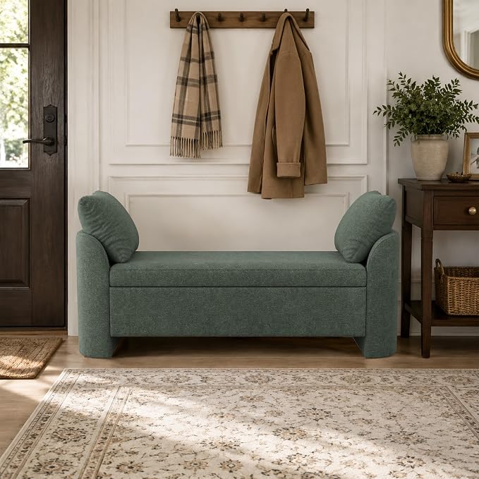 Usaint 58.3" Storage Ottoman Bench with Pillows, Upholstered End of Bed Bench with Arms, Footrest Stool Bench for Bedroom, Living, Window, Entryway and Hallway, Green