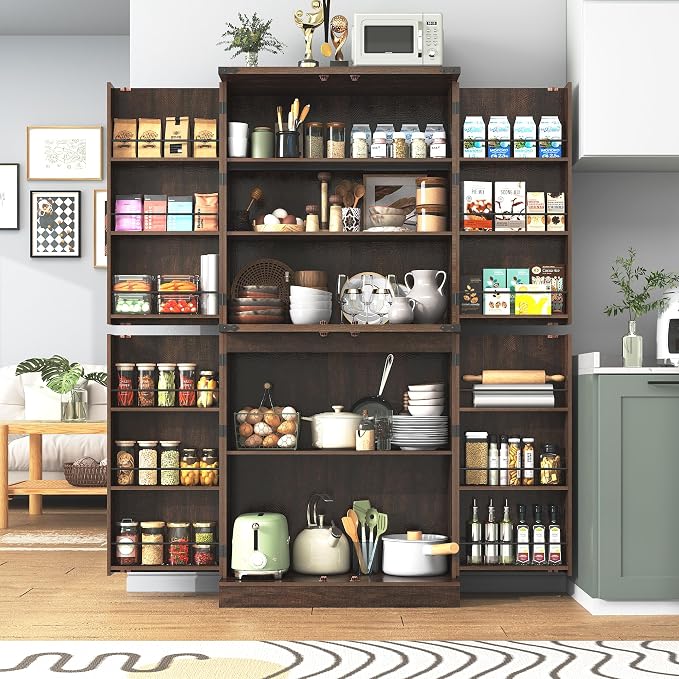 71" Tall Kitchen Pantry Cabinet, Farmhouse Tall Kitchen Storage Cabinet with Adjustable Shelves & 4 Barn Style Doors, Wooden Storage Cabinet for Kitchen, Dining Room, Living Room, Bathroom, Office