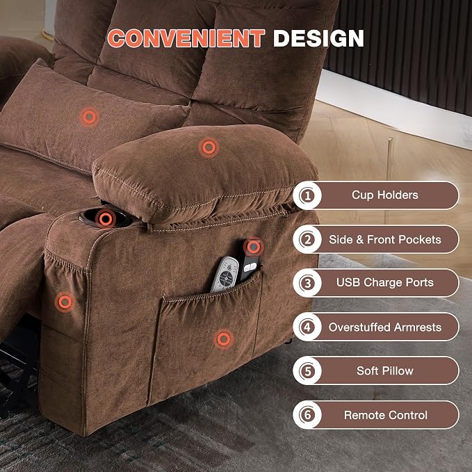 MAHOMICO Power Lift Recliner Chair for Elderly with Vibration Massage and Lumbar Heating, Electric Lift Recliner Single Sofa with Side Pocket, Two Cup Holders and USB Charge Port for Living Room