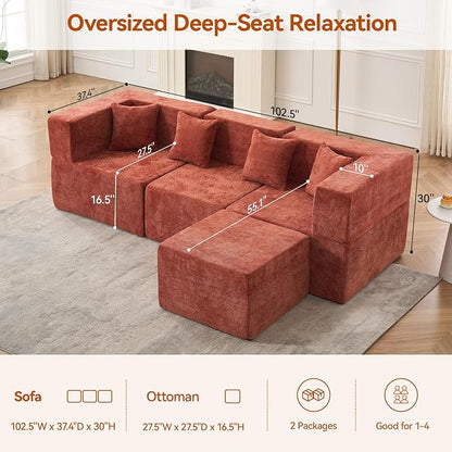 MONVANE 103'' Modular Sectional Sofa, Cloud Sectional Couch with Ottoman, Convertible Chenille L Shaped Couch with Deep Seat, Sectional Couches for Living Room Bedroom, No Assembly Required, Rust Red