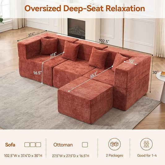 MONVANE 103'' Modular Sectional Sofa, Cloud Sectional Couch with Ottoman, Convertible Chenille L Shaped Couch with Deep Seat, Sectional Couches for Living Room Bedroom, No Assembly Required, Rust Red