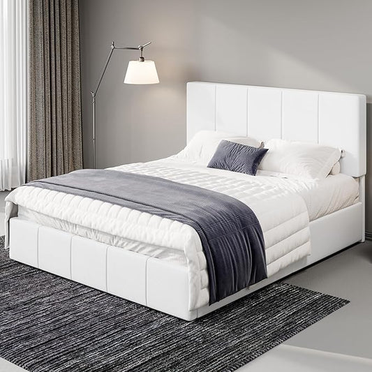 Allewie Full Size Dutch Velvet Upholstered Platform Bed Frame/Vertical Channel Tufted Adjustable Headboard/Low Profile Bed Frame/No Box Spring Needed/Easy Assembly/White