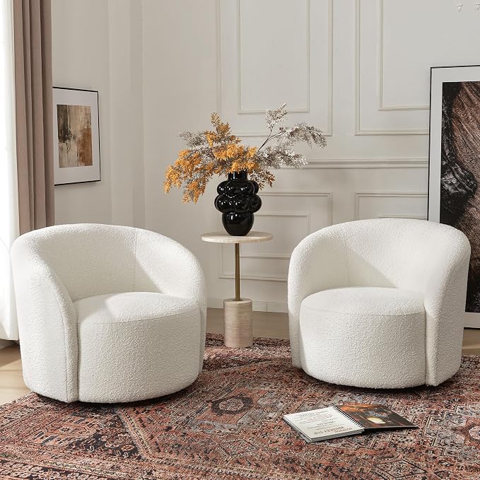 KINWELL 34" W Swivel Barrel Chair Set of 2, Mid Century Modern Round Upholstered Boucle Swivel Accent Chairs, No Assembly Sofa Chair for Living Room Bedroom Reading, Cream