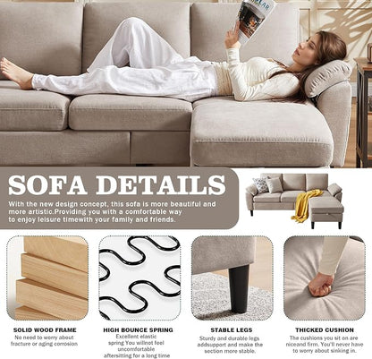 80" Convertible Sectional Sofa, Modern Linen Small L Shaped Couch with Reversible Chaise and Storage Ottoman, 3-Seat Sofa Couches for Living Room, Office, Apartment, Beige