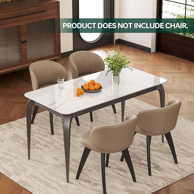 55" White Rectangular Sintered Stone Dining Table with Metal Legs | Versatile kitchen furniture for indoor and outdoor placement, matched with adjustable silent foot pads.