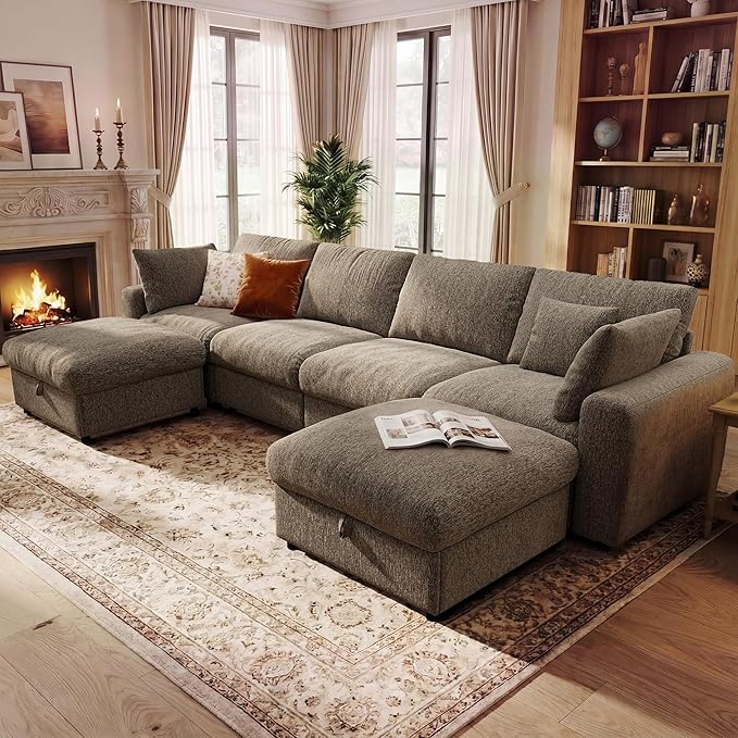 Ihanherry 141" Oversized Cloud Sectional Couches for Living Room, Modular Sectional Sofa with Wide Deep Seat, U Shaped Couch with Throw Pillow and Storage Ottoman, Beige