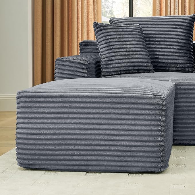 115" U-Shaped Cloud Sectional Couch, Modular Compressed Boneless Sectional Sofa W/Reversible Ottoman Chaise Lounge, Plush Corduroy Boneless Symmetrical Sofa for Living Room