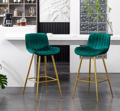 Sidanli Velvet Barstools Set of 2, Green Bar Height Chairs Set of 2 with Gold Legs, 29 inch Seat Height Comfortable Island Stools with Back