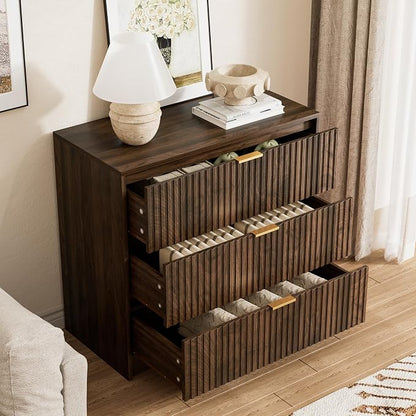 Furniway Walnut Dresser for Bedroom, Modern Dresser with 3 Drawers and Smooth Slides, Wide Chest of Drawers with Golden Handles for Bedroom, Living Room, Closet, 15.7" D x 31.5" W x 29.6" H