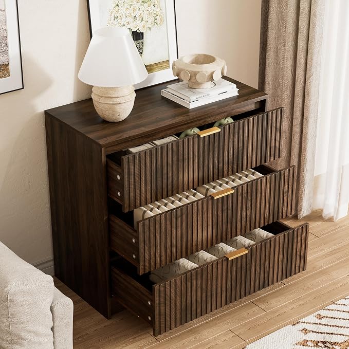 Furniway 3 Piece Bedroom Set, 9 Drawer Dresser and 3-Drawer Nightstand Set of 2 with Gold Handles, Mid-Century Modern Wood Chest of Drawers Storage Cabinet for Bedroom, Walnut
