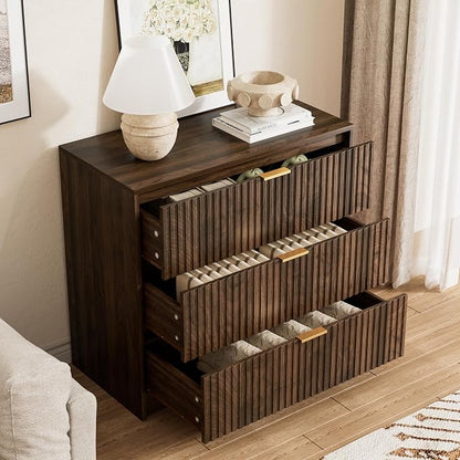 Furniway 3 Piece Bedroom Set, 6 Drawer Dresser and 3-Drawer Nightstand Set of 2 with Gold Handles, Mid-Century Modern Wood Chest of Drawers Storage Cabinet for Bedroom, Walnut
