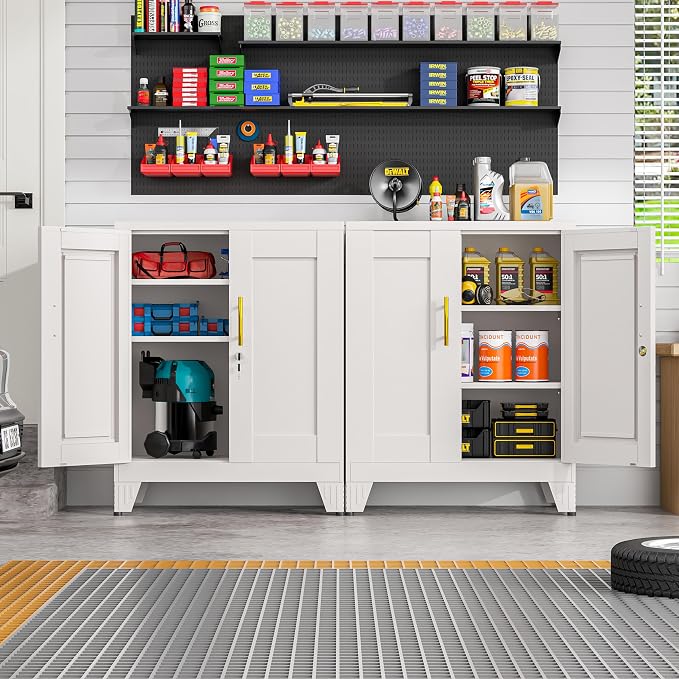 GAIOUS 36" Metal Floor Storage Cabinet, Locked Steel Storage Cabinets with 2 Doors and 2 Adjustable Shelves, White Kitchen Cabinet, Freestanding Cabinet for Home/Office/Garage/Tool Room/Bathroom